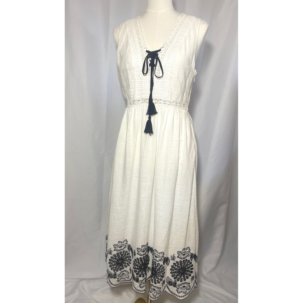 Max Studio White Boho Dress Embroidered Hem Tassel Tie Cotton Gauze Small